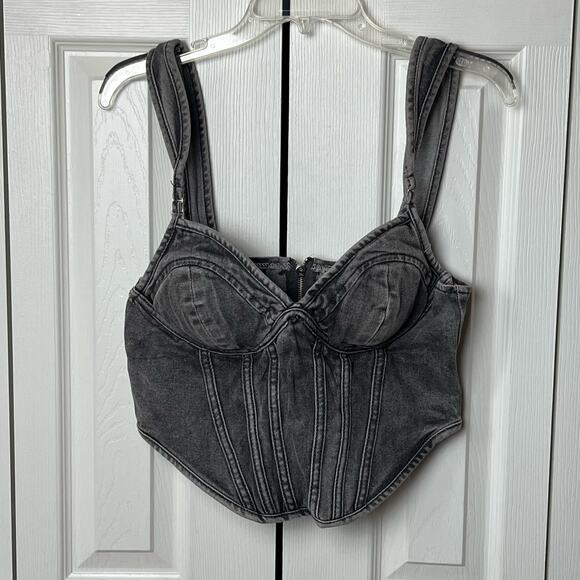 Pretty Little Thing Washed Gray Dip Hem Bust Cup Denim Corset 8 - Picture 1 of 9